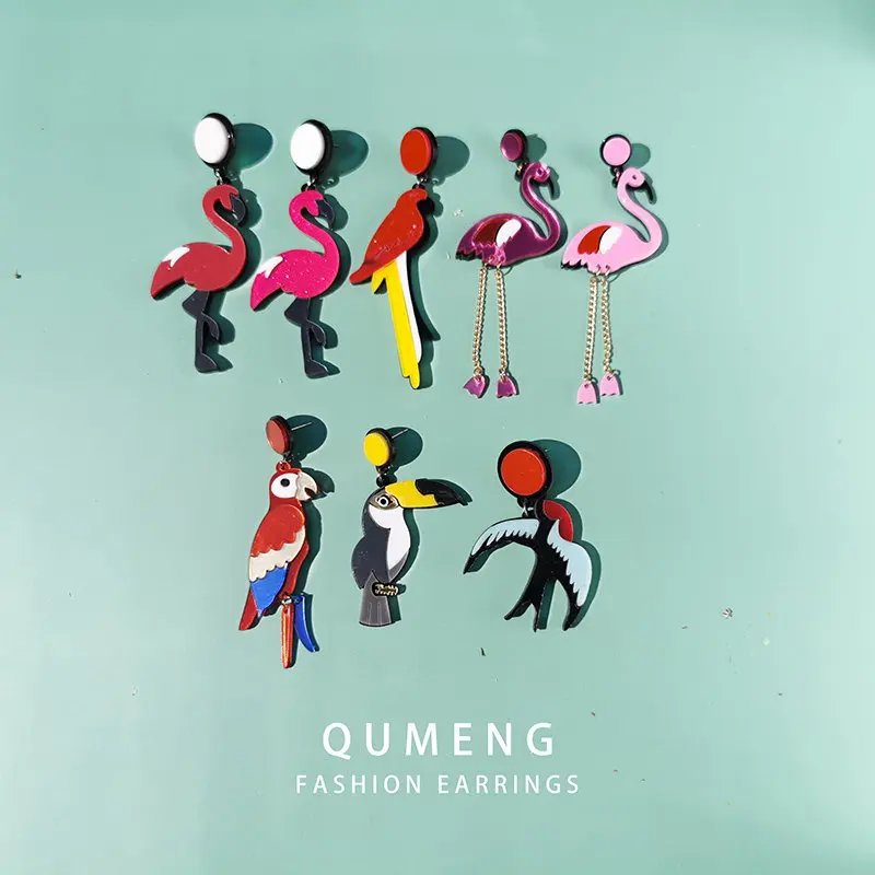 Женские акриловые серьги с изображением фламинго QUMENG корейские попугая и птиц модные ювелирные изделия