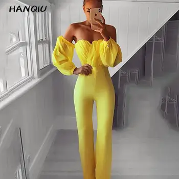 

2020 Summer Sexy off shoulder jumpsuit women elegance party Korean fashion casual long sleeve yellow Romper overalls streetwear