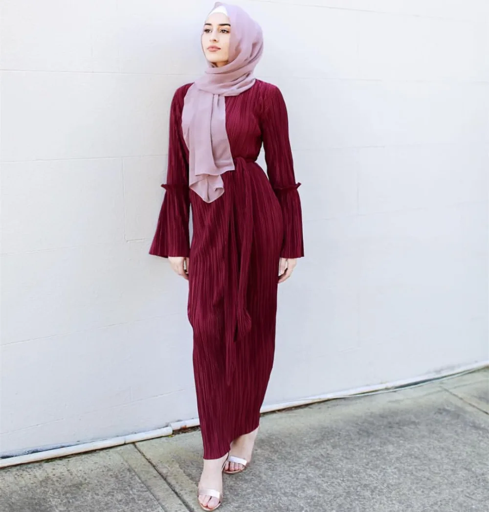 Мусульманская сморщенная юбка карандаш плисс Макси платье труба рукав абайя длинные халаты Туника Ближний Восток Рамадан Арабская Исламская одежда