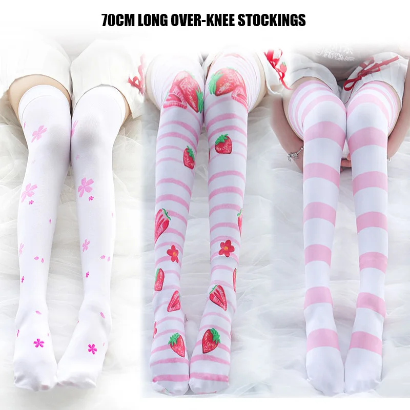 

Super Cute Extra Long 70cm Print Over-knee Stockings Strawberry Sakura Pink Striped 3 Styles 120D Velvet Anime Socks Lolita