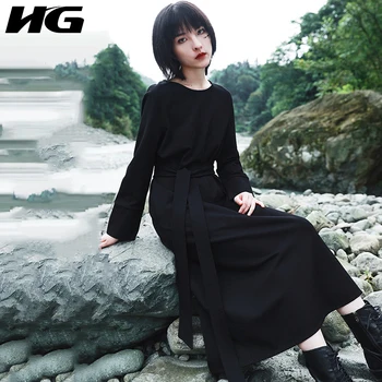 

HG Vintage Sashes Casual Dress Women 2020 Autumn Trend Fashion New O Neck Collar Long Sleeve Pocket Elegant Pullover DZL1917