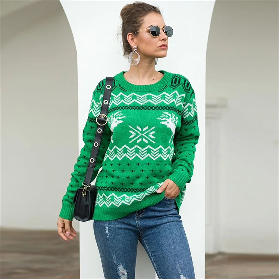 Осень и зима новые рождественские женские свитера Снежинка Олень жаккард с длинным рукавом пуловер свитер - Цвет: Зеленый
