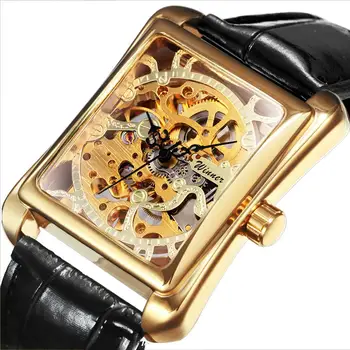 WINNER Elegant Watches Men Brand Luxury Classic Mechanical Square Black Leather Strap Golden Skeleton Retro Rectangle Male Watch