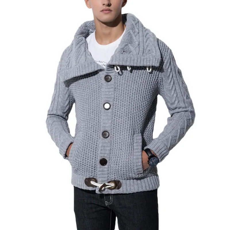 Laamei мужской свитер с пряжкой, кардиган на осень и зиму, модный теплый толстый вязаный джемпер с высоким воротом - Цвет: Серый