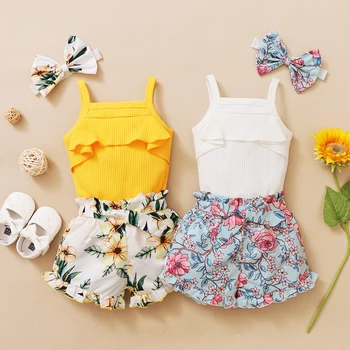 3Pcs Newborn Baby Girls Summer Clothes Cute Beach Boho Strap Ruffle Romper Floral Shorts Toddler Outfit Baby Girls Clothing 1