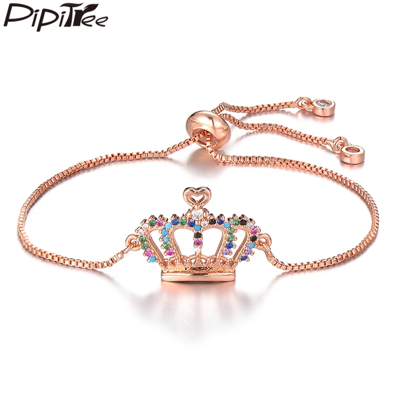 

Pipitree Multi Cubic Zirconia Crown Bracelet Femme Rose Gold Color Slider Chain Trendy Bracelets for Women Girls Jewelry Gift