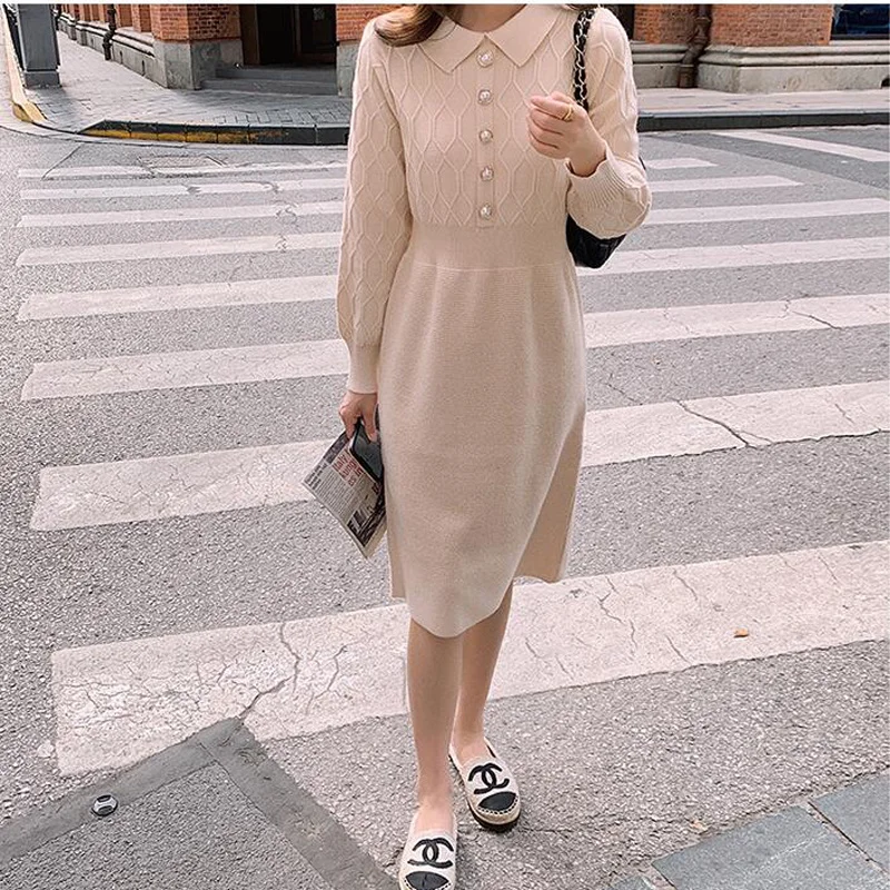 

New 2020 Autumn Winter Women Dresses Turn-down Collar Pearl Buttons Solid Knitting Elegant Lady Long Dresses CL687