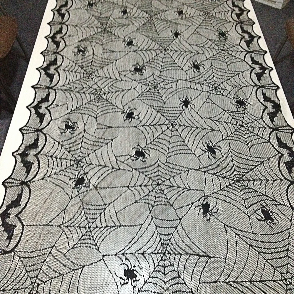  Black Lace Spider Web Halloween Table Cloth Spider Bat Pattern Table Cover Lace Tablecloth Hallowee