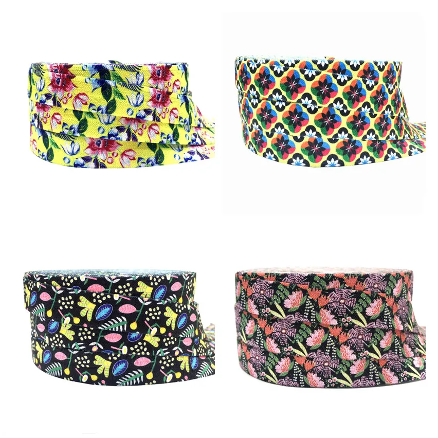 

10Yards 16mm Flowers Print Fold oever Elastic bands for Handmade Craft headband Hair ties Hair Accessories