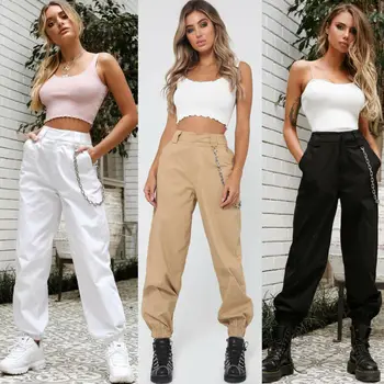 

Women High Waist Harem Pants Elastic Waist Trousers Casual Cool Chain Sport Pant Cool Chain Pocker Design Safari Style Pants