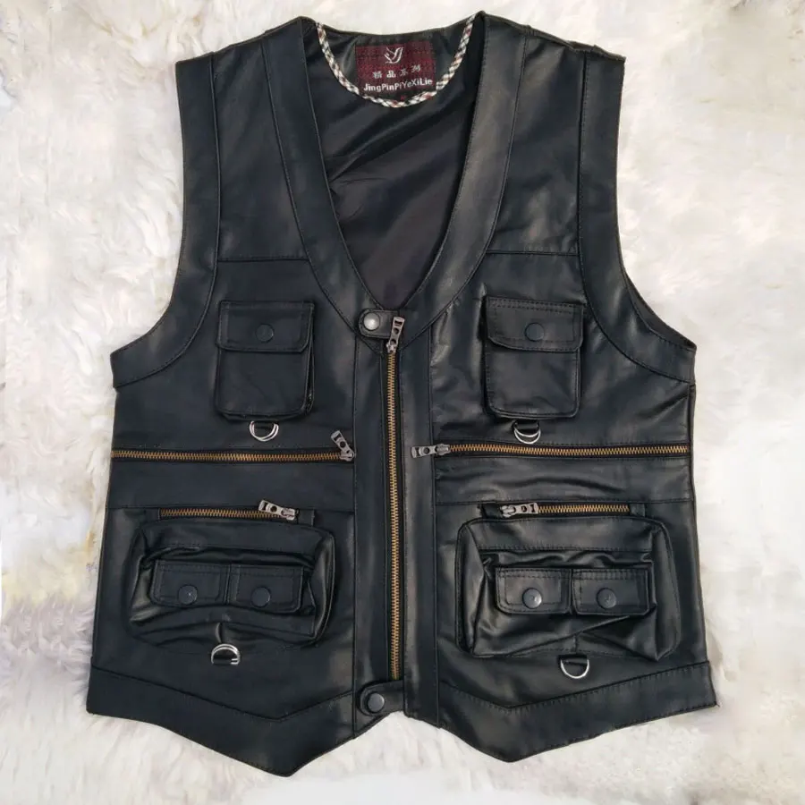 

Multi Pocket Vest Men Black Photography Vests Genuine Leather Motorcycle Biker Waistcoat Male Autumn Winter Sleeveless Jacket