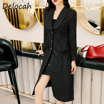 

Delocah Women Fashion Autumn Runway Loose Blends Coat Single Breasted Beading Long Sleeve Casual Ladies Midi Coats Outerwear