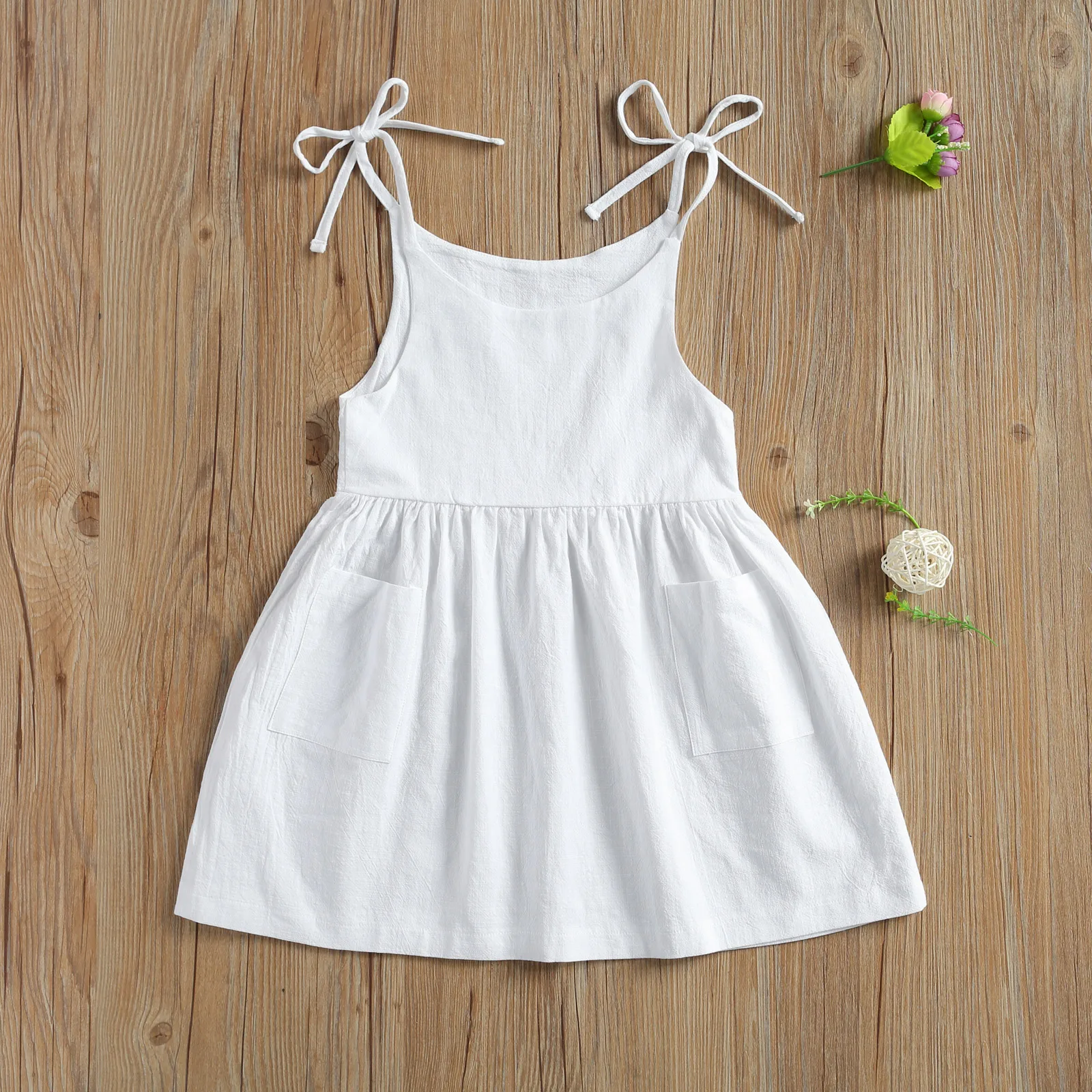 Summer Girls Casual Fashion White Dresses Cotton Ruffle Sleeveless