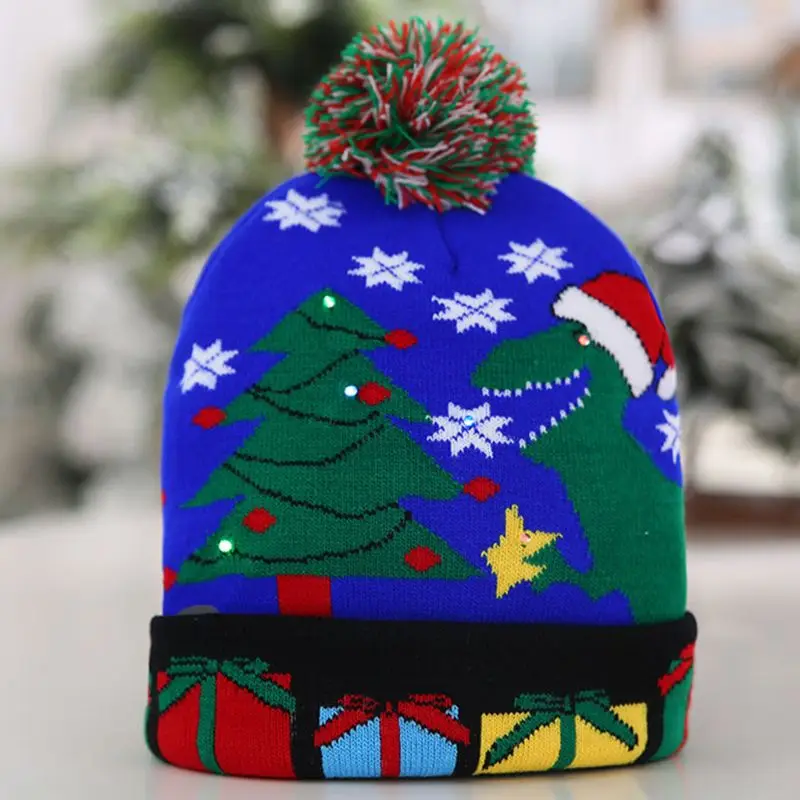 Рождественский светодиодный вязаный унисекс шапка бини зимние мужские женские праздничные шапочки
