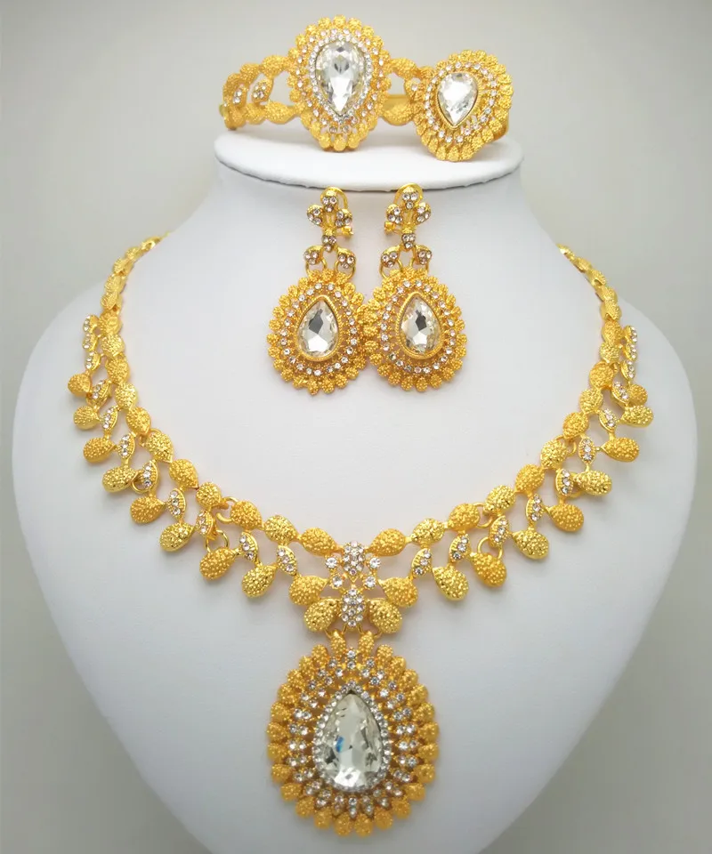 

Kingdom Ma Nigerian Wedding Bridal African Gold Color Big Jewelry Set Dubai Imitated Crystal Necklace Bracelet Earrings Ring Set