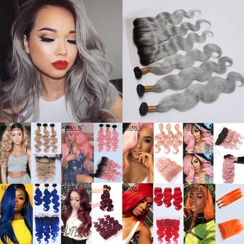 

Grey Hair Bundles with Frontal Closure 13X4 Ear to Ear Brazilian Remy Ombre Honey Blonde Pink Red Blue 3 Bundles Hair Weave