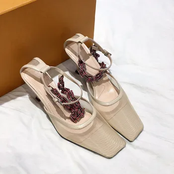 

New Fashion Square Toe Chain Women's Sandals Leather Rhinestone Mesh Bling Chain High Heel Pumps Ladies Party Wedding Shoes 2020