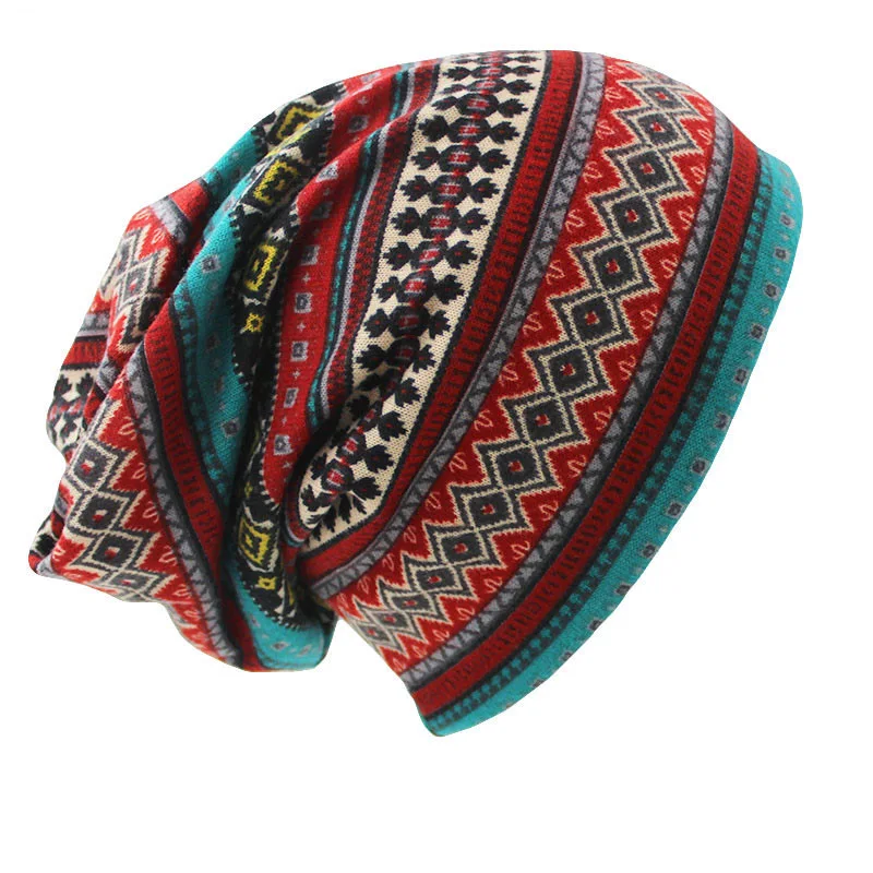 Красный ALTOBEFUN тонкие шапочки Skullies винтажный геометрический дизайн женский шарф-маска на лицо брендовая осенне-зимняя шапка двойного назначения для леди BHT026 - Цвет: Красный