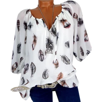 

5Xl Plus Large Size Women'S Blouses Summer Tops New Leisure Blouse White Loose Feather Print V Neck Half Sleeve Shirts Blusas
