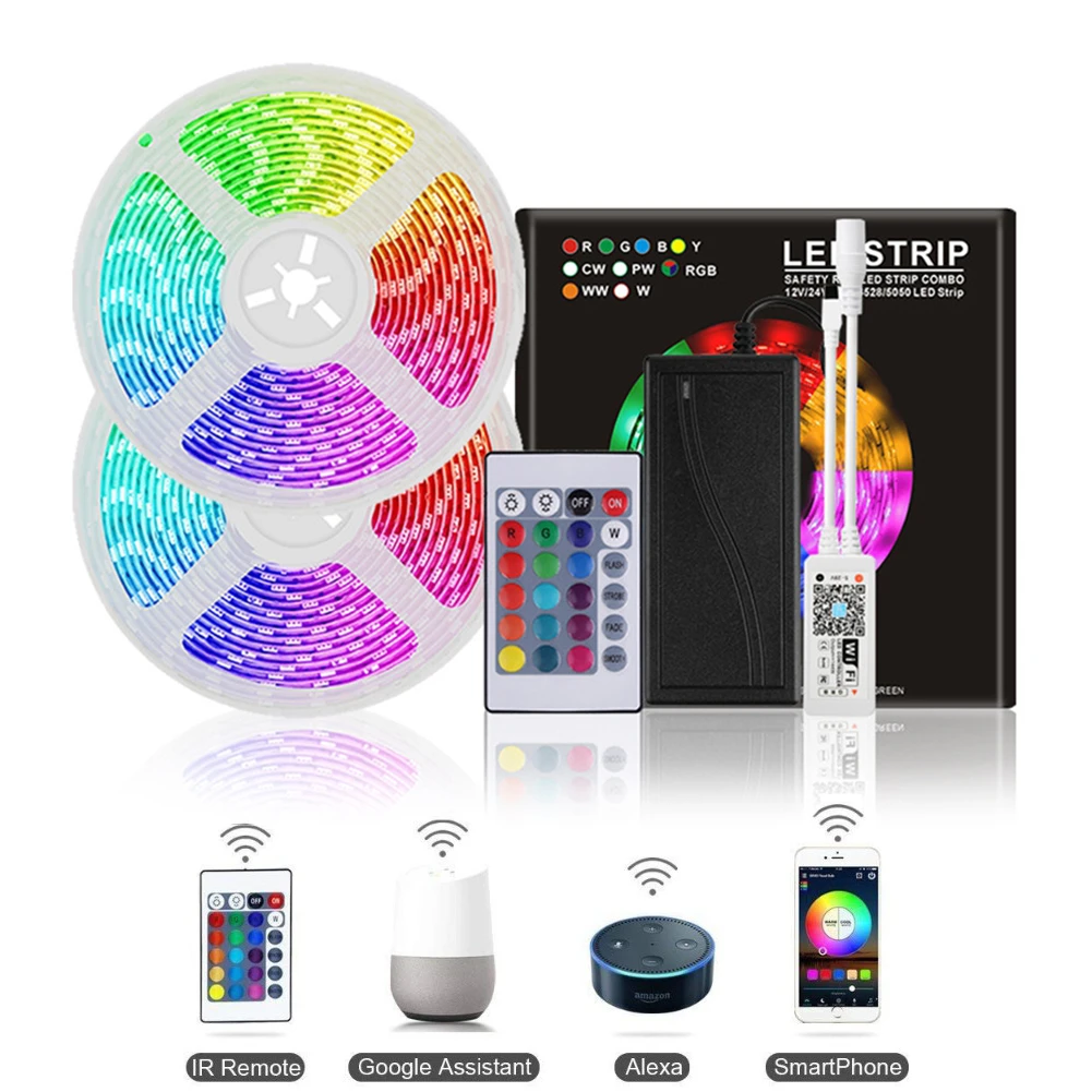 

5M 10M Wireless Phone Control WiFi LED Strip Sync To Music Rhythm Works With Alexa Google Home SMD 5050 DC 12V RGB Tape Ribbon