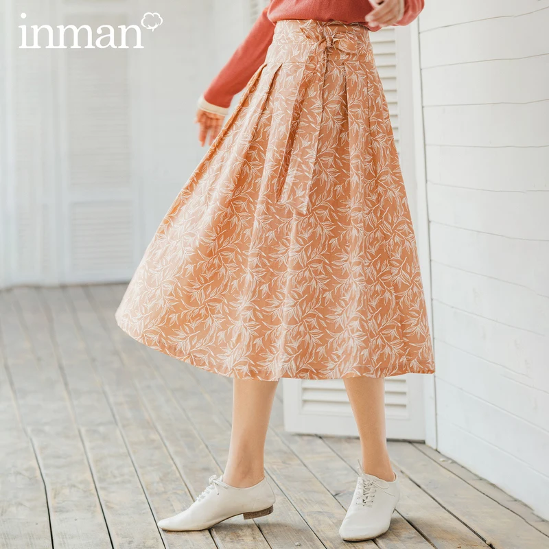 

INMAN 2020 Spring New Arrival Literary Retro Style A Line Mid Calf Flower Print Women Skirt