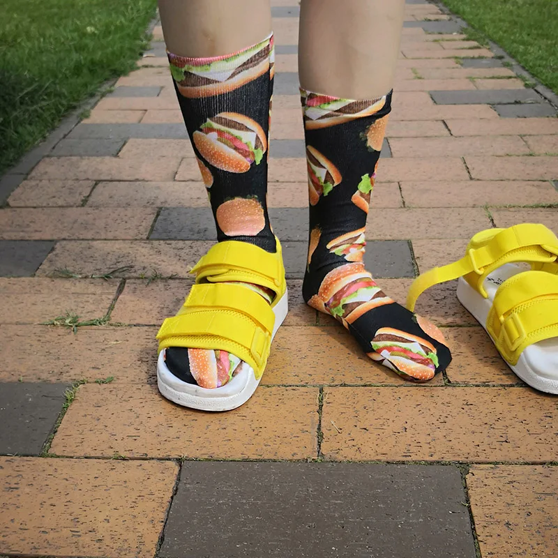 Забавные двухсторонние художественные носки с 3D принтом хот-дог клубника Фламинго гамбургер пицца мода харадзюку длинные женские хлопковые женские носки