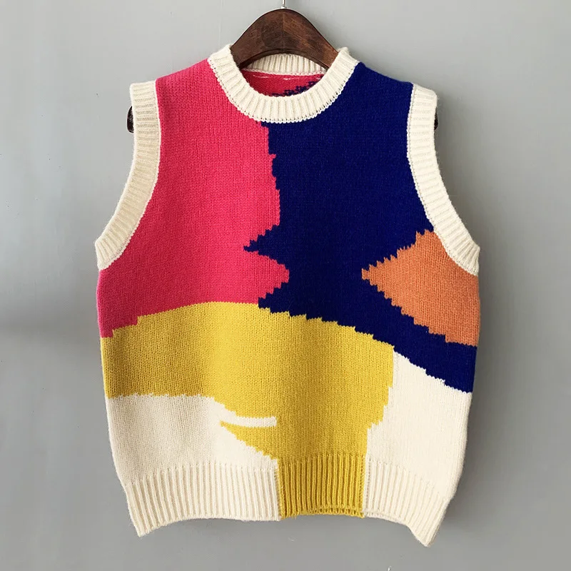 

2020 New Color Color Matching Sweater Pullover Vest Autumn and Winter Korean Fashion Loose Elastic oversized sweater