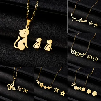 

Cute Cat Butterfly Jewelry Set Stainless Steel Animal Stars Heart Pendant Necklace Earrings Set Best Friends Gift