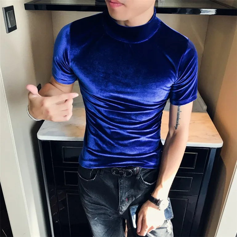 Бренд 7 цветов мужская Велюровая футболка с коротким рукавом фитнес-платье с открытыми плечами большой размер водолазка бархатная футболка для мужчин M-5XL 6XL 7XL - Цвет: Синий