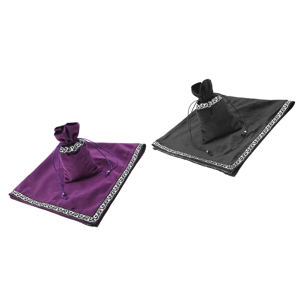 2Pcs 26 inch Altar Tarot Cloth Tablecloth Divination Wicca Velvet Tapestry with Tarot Cards Runes Bag, Purple+Black