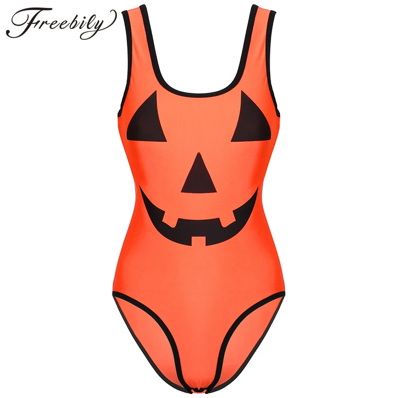 Womens Halloween Pumpkin Print Bodysuit U Neck Sleeveless Pressed