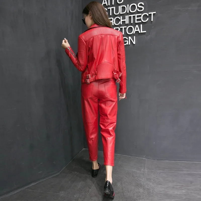 Europese Nieuwe Schapenvacht Lederen Broek Vrouwelijke Casual Grijs Zwart Heldere Potlood Broek Vrouwen Gesp Rits Broek Slanke Vrouw Broek