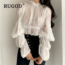 RUGOD Корейская элегантная женская блузка, однотонная шифоновая водолазка, блузка с рукавом-фонариком, тянущиеся топы с каймой, Прозрачная Сексуальная рубашка