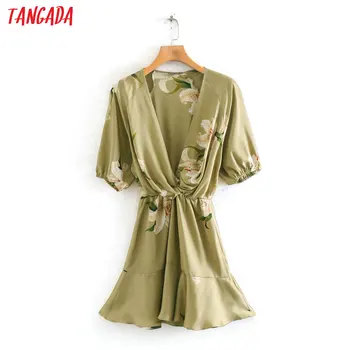 

Tangada fashion women flowers print mini dress v neck short sleeve ladies vintage short dress vestidos 2W08