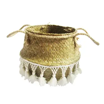 

Natural Woven Seagrass Storage Basket Handmade Plant Pot Belly Basket With Handles And Tassels For Laundry Picnic Plant Bathroom