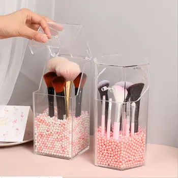 

Makeup Brush Storage Box Organizer Dust-proof With Cover Cosmetic Tool Holder Acrylic Clear Pearl