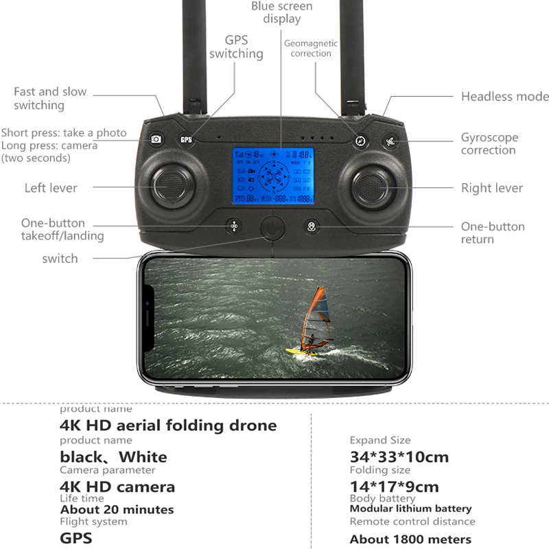 Квадрокоптер KY601G 2000m с дистанционным управлением Wi Fi и GPS 4K Ultra HD для охоты спорта
