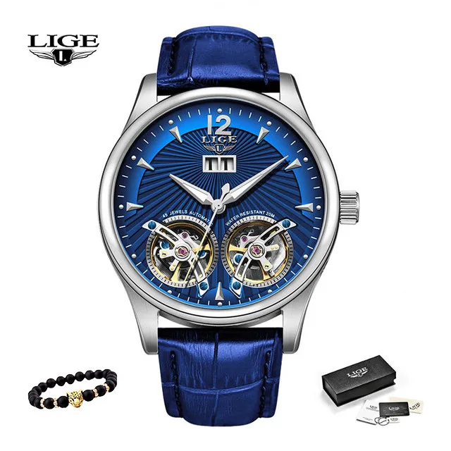 silver blue LIGE, новинка, мужские часы, механические, двойной Tourbillon, Роскошные, модные, брендовые, кожа, мужские, спортивные часы, мужские, автоматические часы, Montre Homme - Цвет: silver blue