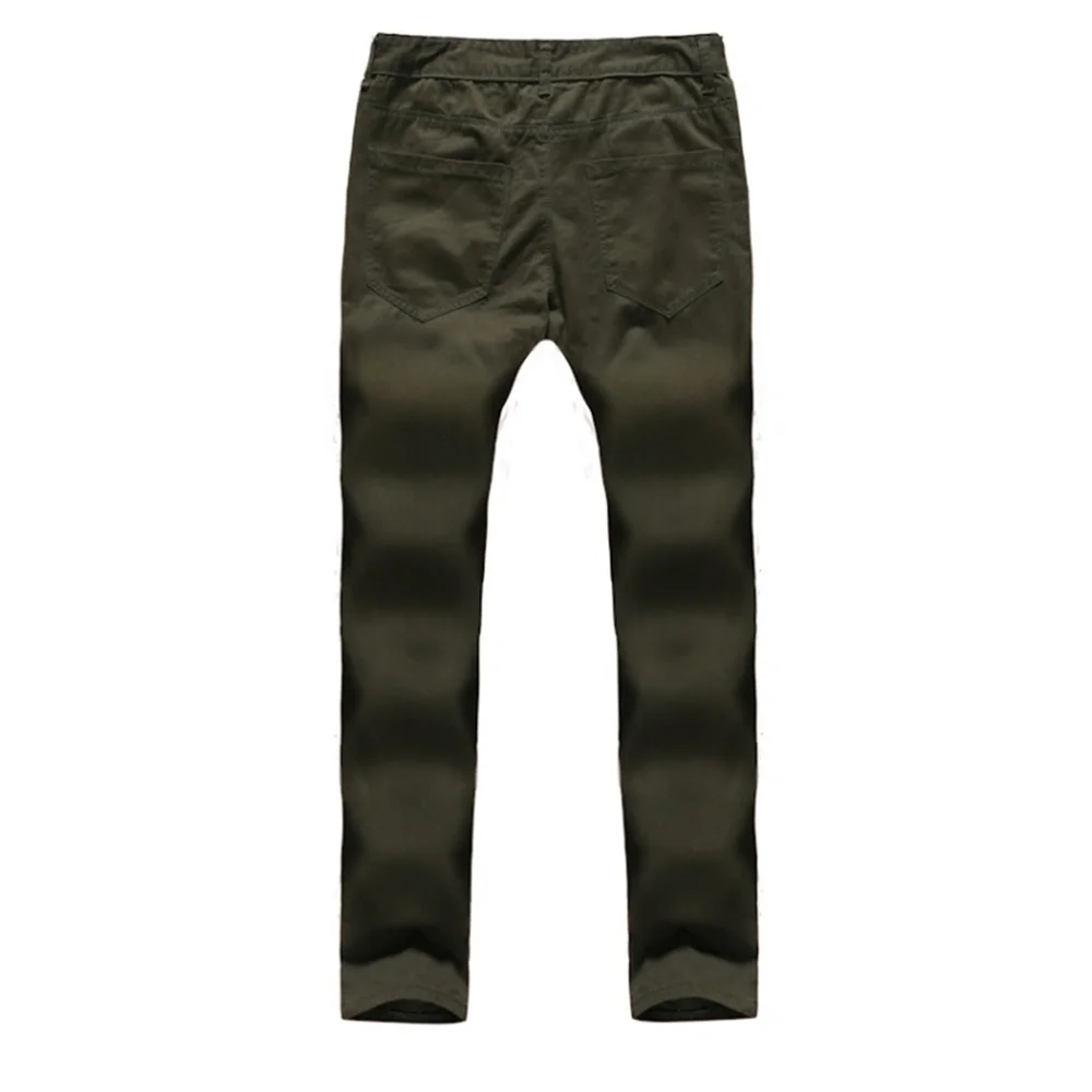 Summer Army Green Stiletto Jeans Men's Ripped Holes Wrinkled Wave Stripes Decorated High Stretch Pants Slim Locomotive Frayed