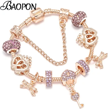 

Key & Lock Pendant Charm Bracelet Gold Heart Bowknot CZ Glass Beads Fine Bracelets & Bangles for Women Fashion DIY Jewelry