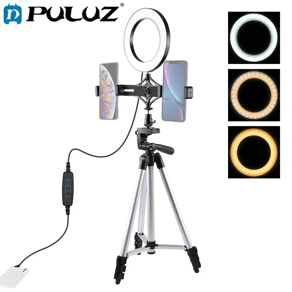 

PULUZ Vlogging Youtube Vlog Video Support Stand Tripod Mount & Live Broadcast Dual Phone Bracket + 6.2 Inch LED Ring Light Kits