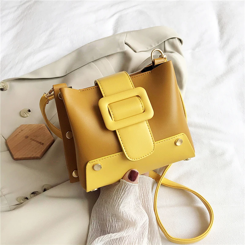 

Burminsa Trendy Small Bucket Crossbody Bags For Women Square Buckle PU Leather Female Shoulder Bags Summer 2020 Yellow Blue Pink