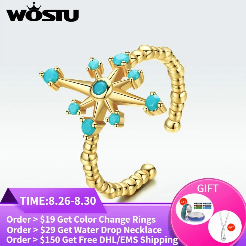 

WOSTU 100% Real Sterling Silver Shiny Mango Opening Rings Simple & Lovely Golden Hexagram Star With Blue Rings DXR548