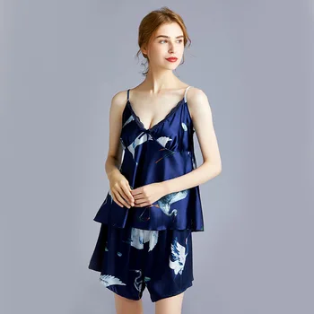 

Plus Size Women Sexy Lingerie Female Silk Stain Short Pajamas Summer Sling Sleepwear Print Cute Roomwear Sleep & Lounge 2pcs Set