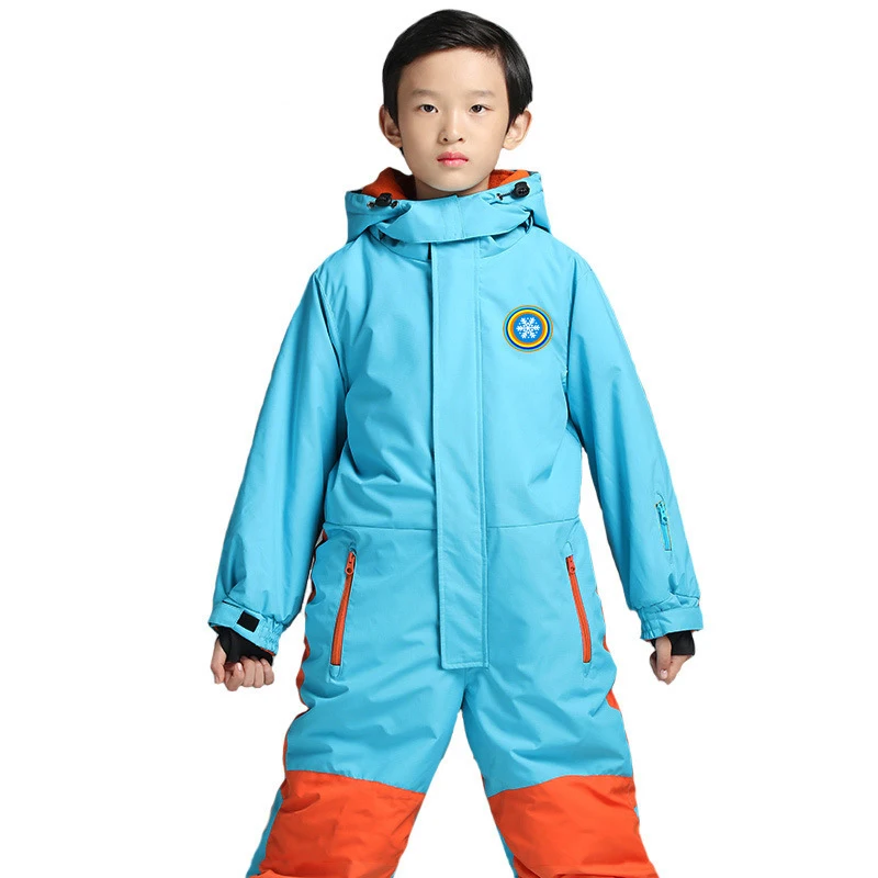 Детский цельный лыжный комплект для мальчиков и девочек, спортивный костюм для сноуборда, ветрозащитный водонепроницаемый теплый комбинезон с капюшоном, Комбинезоны - Цвет: Sky blue
