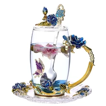 Креативная эмалированная чашка с крышкой, термостойкая стеклянная чашка с милым цветком для чая, домашний чайный набор, парная чашка