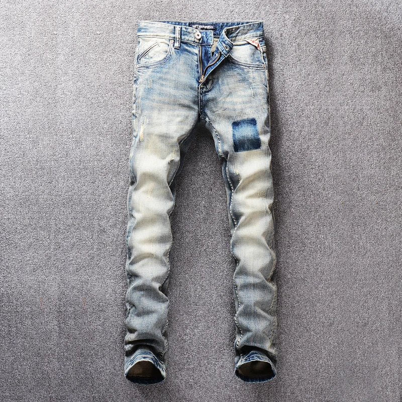 

Vintage Designer Fashion Men's Jeans Light Color Retro Washed Slim Fit Little Elastic Ripped Jeans For Men Classical Jeans homme