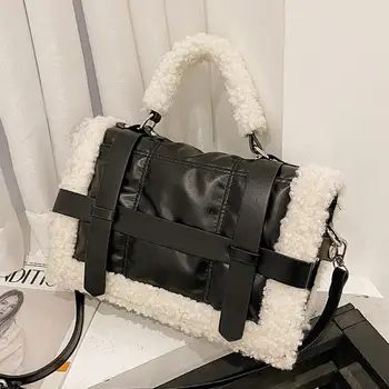 

Elegant Female Plush Tote Bag 2020 New High Quality PU Leather Women's Designer Handbag Contrast Color Shoulder Messenger Bag