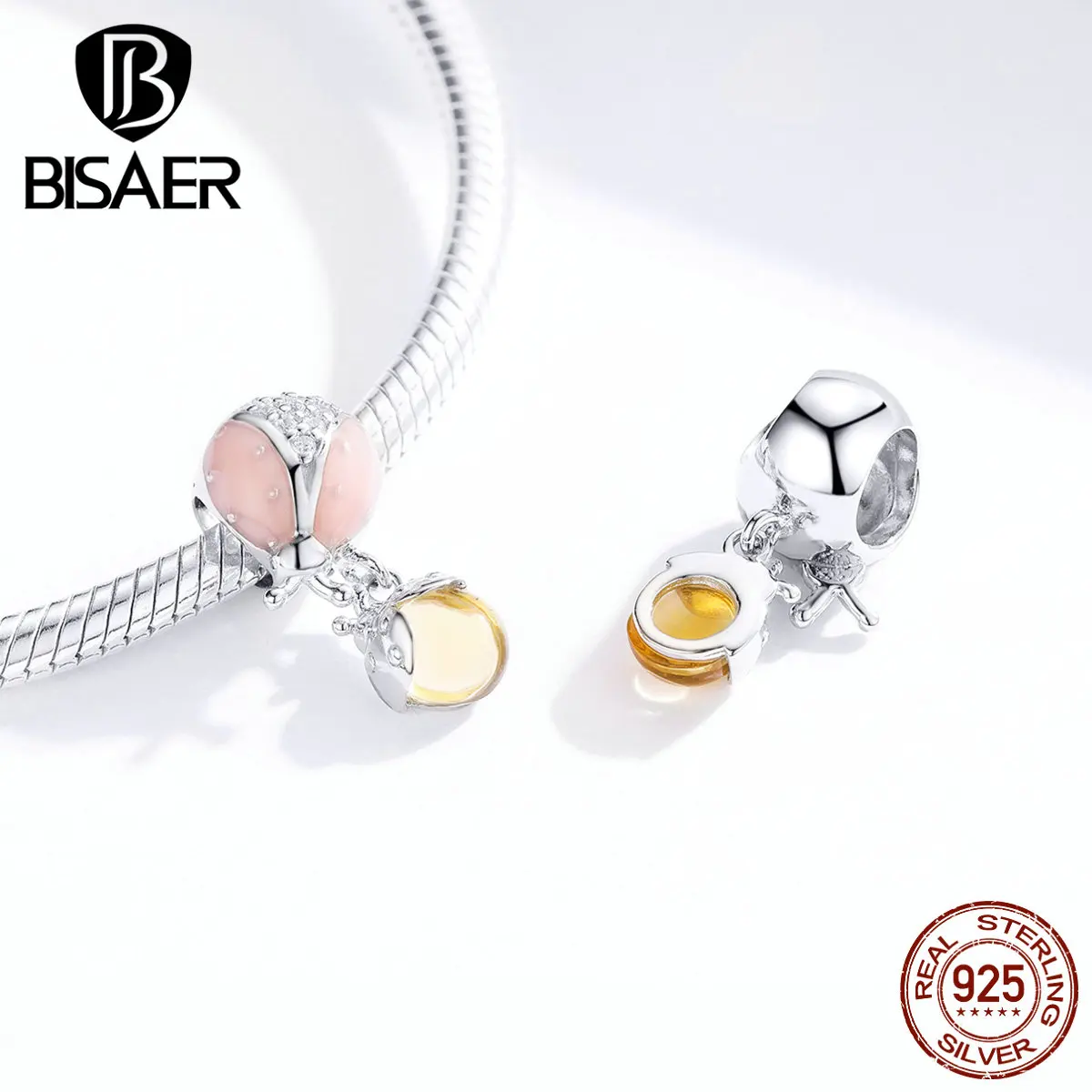 Бусины «божья коровка» BISAER, 925 пробы, серебро, Божья коровка и желтые циркониевые бусины, очаровательные браслеты, серебро 925, ювелирные изделия ECC1371