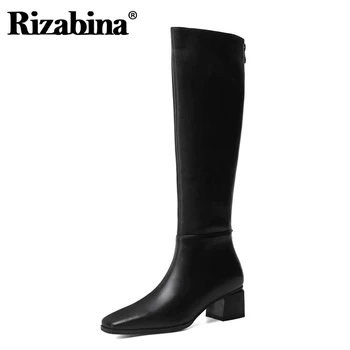 

Rizabina New Women Knee High Boots Real Leather Square Toe Women Winter Long Boots Fashion Cool Winter Shoes Woman Size 34-39
